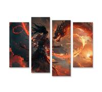 islandburner Prime Tableau sur toile Motif guerrier contre les dragons dans la mer de flammes - Toile 130 x 80 cm - 4 pièces