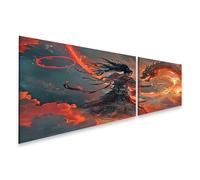 islandburner Prime Tableau sur toile Motif guerrier contre les dragons dans la mer de flammes - Toile 160 x 40 cm - 2 pièces