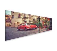 islandburner Prime Tableau sur toile Motif voiture rouge dans une vieille ville romantique avec plantes et charme