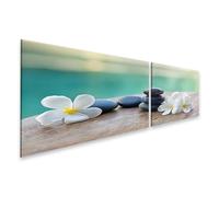 islandburner Prime Tableau sur toile, pierres et fleurs au bord de l'eau, relaxant, silence, nature morte, toile, 160 x 40 cm, 2 pièces