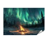islandburner Prime XXL Poster avec aurores boréales et feu de camp dans la forêt la nuit