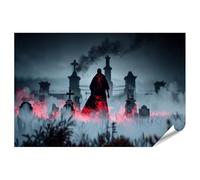 islandburner Prime XXL Poster Cape noire dans un cimetière avec brouillard rouge et pierres tombales Impression photo de qualité supérieure