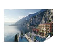 islandburner Prime XXL Poster de qualité supérieure Motif hôtel au bord du lac dans les montagnes avec piscine et chaises longues