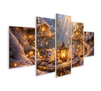 islandburner Tableau sur toile - Animaux mignons dans une cabane dans un arbre avec lanterne et lumières - 5 pièces