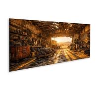 islandburner Tableau sur toile - Atelier automobile abandonné dans le désert avec outils anciens et lumière du soleil - Panorama