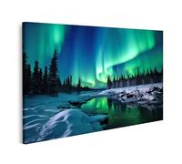 islandburner Tableau sur toile Aurore boréale sur forêt enneigée rivière Aurora Borealis Nuit paysage d'hiver Images murales Poster