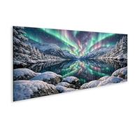 islandburner Tableau sur toile avec aurore boréale sur un lac de montagne enneigé - Décoration murale pour les amoureux de la nature - Panorama