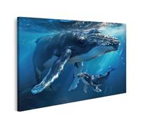 islandburner Tableau sur toile avec baleines dans l'océan profond sous la lumière du soleil pour salon, amoureux de la nature, spa, images murales