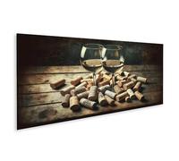 islandburner Tableau sur toile avec bouchons de vin et verres à vin croisés sur table en bois