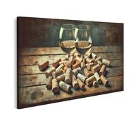 islandburner Tableau sur toile avec bouchons de vin et verres à vin croisés sur table en bois