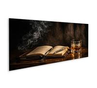 islandburner Tableau sur toile avec notes de musique et verre à whisky sur surface en bois - Panorama