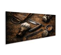 islandburner Tableau sur toile avec outils de barbier sur rasoir, peigne et plus encore - Panorama