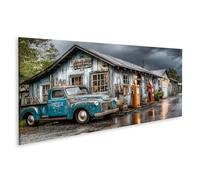 islandburner Tableau sur toile avec pick-up vintage et distributeurs de carburant américains - Panorama