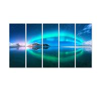 islandburner Tableau sur toile avec reflet des aurores boréales sur les rives du lac du paysage d'hiver norvégien