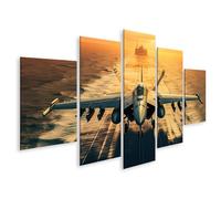 islandburner Tableau sur toile - Avion de chasse au coucher du soleil sur un porte-avions - Images murales