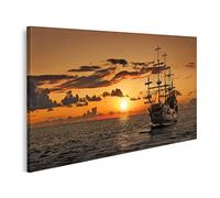 islandburner Tableau sur Toile Bateau Pirate Coucher de Soleil en Mer Ouverte Cadre Affiche Poster Murale Tableaux