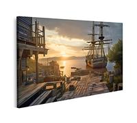 islandburner Tableau sur toile Bateau Pirate Surplombant De Vieux Voiliers Mer Coucher De Soleil Paysage Vint Cadre Affiche Poster Murale Tableaux