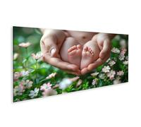 islandburner Tableau sur toile bébé petits pieds dans des mains affectueuses entourées de fleurs pour chambre d'enfant parents cabinet pédiatre images murales poster