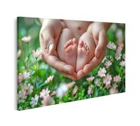 islandburner Tableau sur toile bébé petits pieds dans des mains affectueuses entourées de fleurs pour chambre d'enfant parents cabinet pédiatre images murales poster