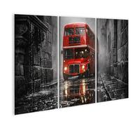 islandburner Tableau sur toile - Bus à impériale rouge dans la nébuleuse londonienne - Décoration murale pour les amateurs de ville - 3 pièces