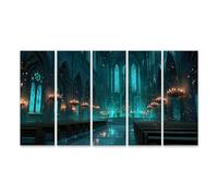 islandburner Tableau sur toile - Cathédrale gothique dans une lumière turquoise - Décoration murale pour des pièces élégantes - 5 pièces - XXL
