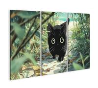 islandburner Tableau sur toile - Chat noir mignon dans le studio Ghibli - Décoration murale - 3 pièces