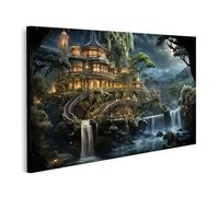 islandburner Tableau sur toile Château enchanté à la cascade dans la forêt mystique pour salon fantastique Spa Images murales Poster