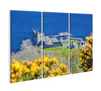 islandburner Tableau sur toile - Château ruine sur le lac bleu avec fleurs jaunes et bateau