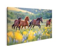 islandburner Tableau sur toile Chevaux au galop complet sur une magnifique prairie fleurie Salon Magasin d'équitation Peintures murales Images murales