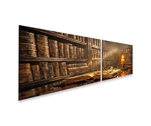 islandburner Tableau sur toile - Décoration murale d'ambiance avec livre et bougie dans bibliothèque - 2 pièces
