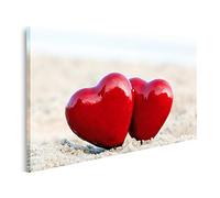 islandburner Tableau sur toile Deux cœurs rouges plage amour symbolisent la Saint-Valentin romantique couple calme océan fond Peintures Impressions Art Poster Mural