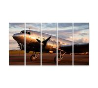 islandburner Tableau sur toile Douglas DC-3 Avion sur un terrain d'avion historique au coucher du soleil - 5 pièces XXL