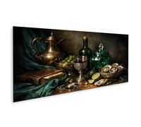 islandburner Tableau sur toile élégant Nature morte avec vin, raisins et huîtres sur bois - Panorama