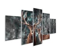 islandburner Tableau sur toile Famille de cerfs nobles hiver neige forêt paysage de Noël pays des merveilles Cadre Affiche Poster Murale Tableaux