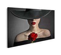 islandburner Tableau sur Toile Fleur Rose Rouge Lèvres Femme Chapeau Noir Mannequin Beauté Cadre Affiche Poster Murale Tableaux