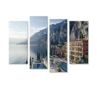islandburner Tableau sur toile Hôtel au bord du lac dans les montagnes avec piscine et chaises longues Images murales Poster