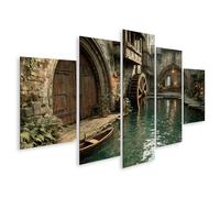 islandburner Tableau sur toile Idylle médiévale avec cours d'eau et bateau - 5 pièces