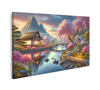 islandburner Tableau sur toile Jardin japonais avec fleurs et montagne en arrière-plan au coucher du soleil Images murales Poster