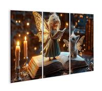 islandburner Tableau sur toile - Leçon de lecture féérique avec fées et chaton magique - Pour chambre d'enfant, librairie, images murales