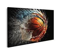 islandburner Tableau sur toile lumineuse ballon de basket-ball volant panier de basket contre le feu sombre clair images murales poster