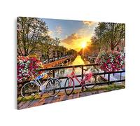 islandburner Tableau sur toile Magnifique lever de soleil sur Amsterdam aux Pays-Bas avec des fleurs et des vélos Cadre Affiche Poster Murale Tableaux