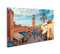 islandburner Tableau sur toile Marché animé et mosquée à Marrakech Maroc Images murales Poster