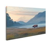 islandburner Tableau sur toile Matin brumeux avec boeuf Highland en Écosse