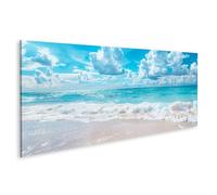 islandburner Tableau sur toile - Mer bleu turquoise avec nuages blancs et plage de sable - Pour salon, amoureux de la mer, bar de plage