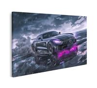 islandburner Tableau sur toile Mercedes sous l'orage avec lumière néon violette pour le salon, les amateurs de voitures, les concessionnaires automobiles, images murales poster