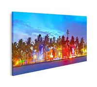 islandburner Tableau sur toile Miami Beach Floride Ocean Drive palmiers lumières colorées Cadre Affiche Poster Murale Tableaux