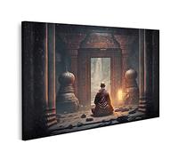 islandburner Tableau sur toile Moine bouddhiste assis dans un vieux temple sombre et média Images murales Poster