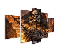 islandburner Tableau sur toile motif bateau pirate avec drapeau tête de mort au coucher du soleil - 5 pièces