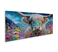islandburner Tableau sur toile motif bovin des hautes terres coloré dans un paysage florissant pour les amoureux des animaux - Panorama
