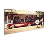 islandburner Tableau sur toile Motif cabriolet rouge sur Route 66 à l'ancienne station-service Images murales Poster